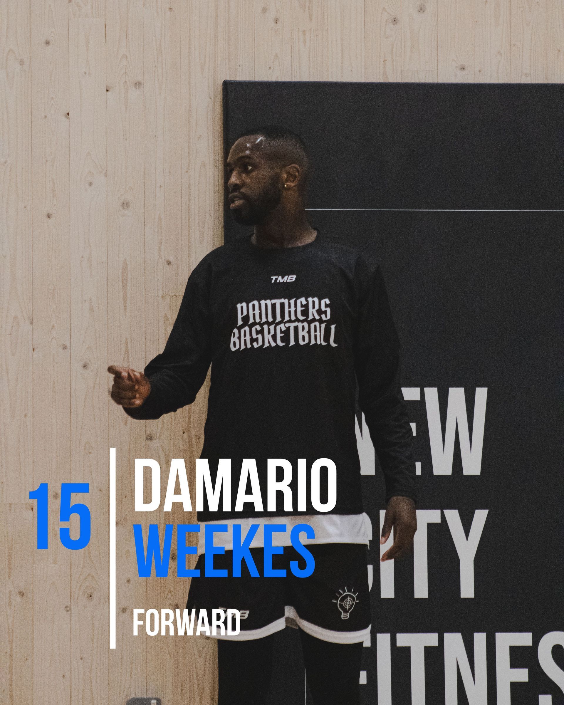 Damario Weekes, wearing a Panthers Basketball shirt, looks to the side. Text reads 