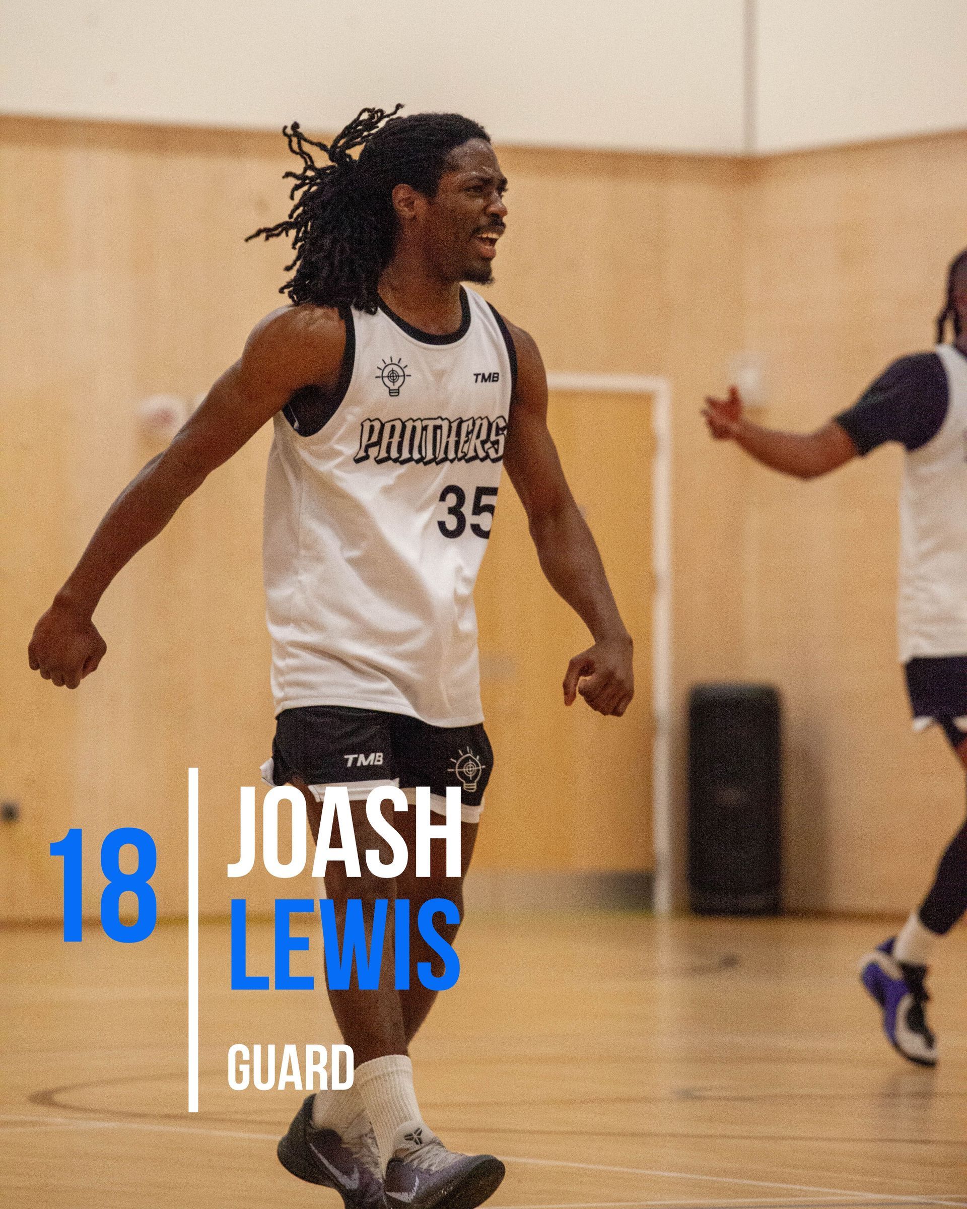 Basketball player Joash Lewis, wearing jersey 35, smiles on court. Text: 