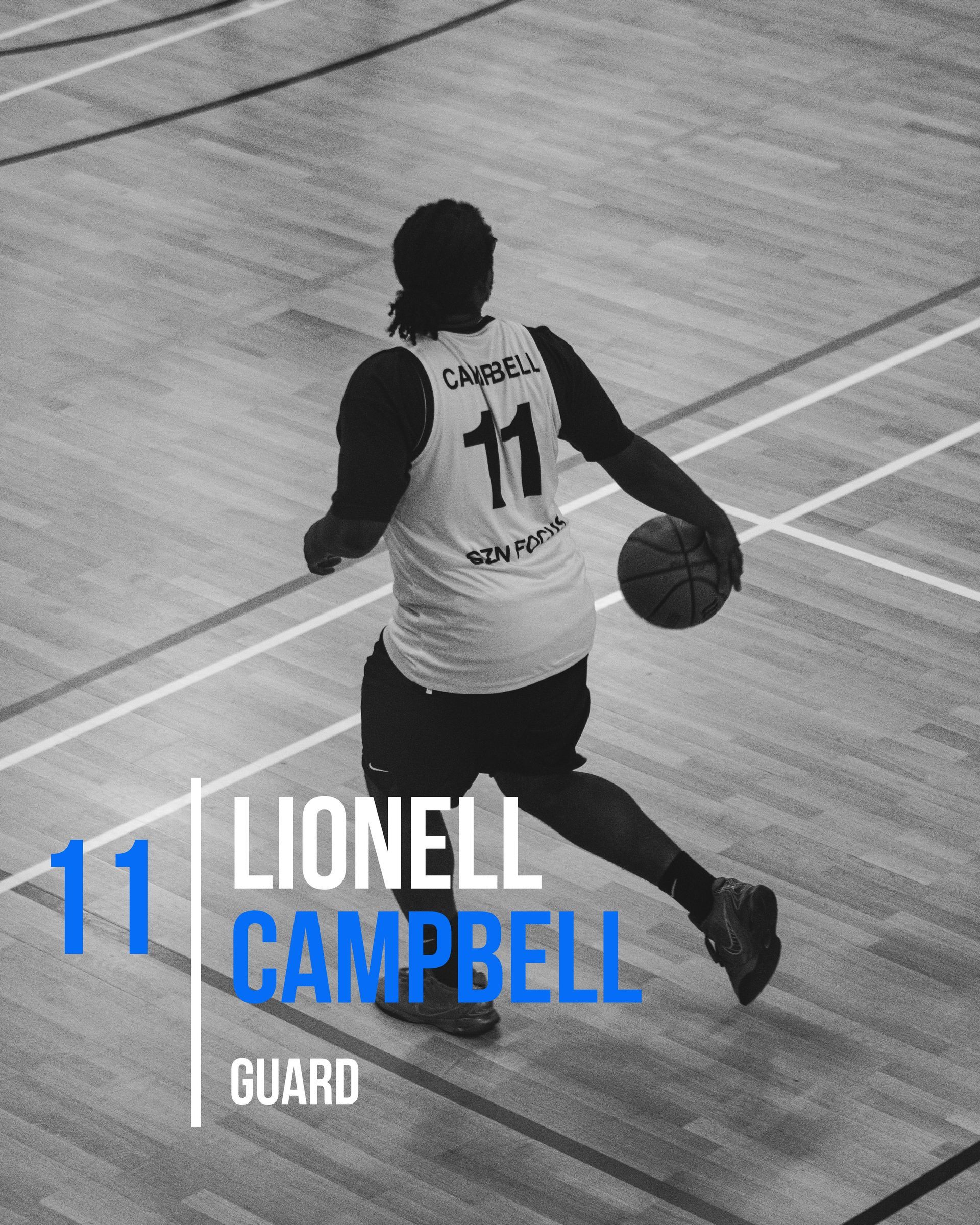 Basketball player Lionell Campbell dribbling on court. Jersey number 11. 