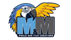 A logo for m & m pools and tile creations with a blue and yellow parrot