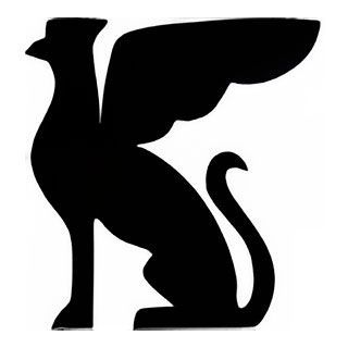 Black stylized cat silhouette with a curled tail, shown in profile on a white background