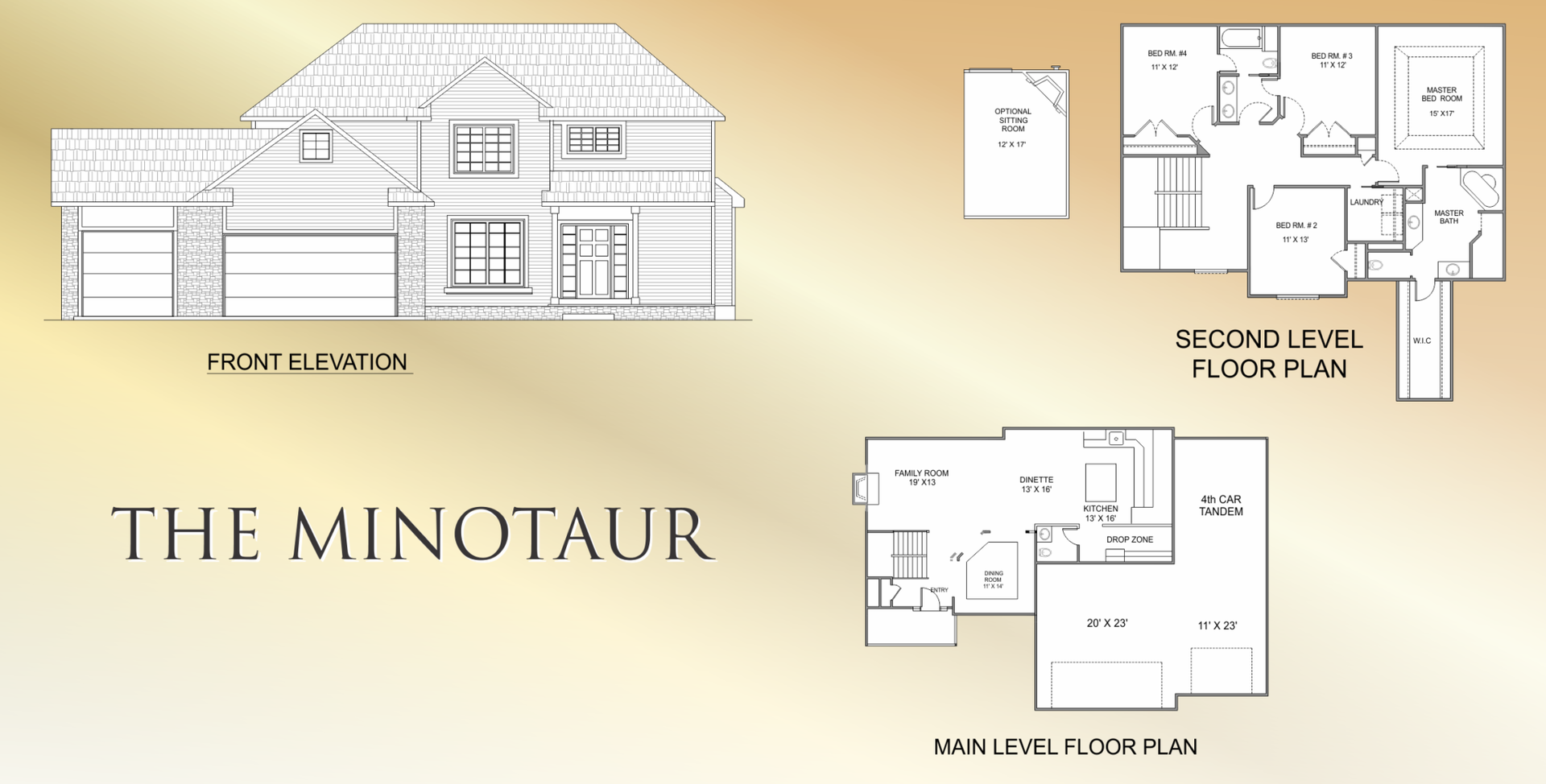 Floor plan and front elevation labeled “The Minotaur” on a beige background.