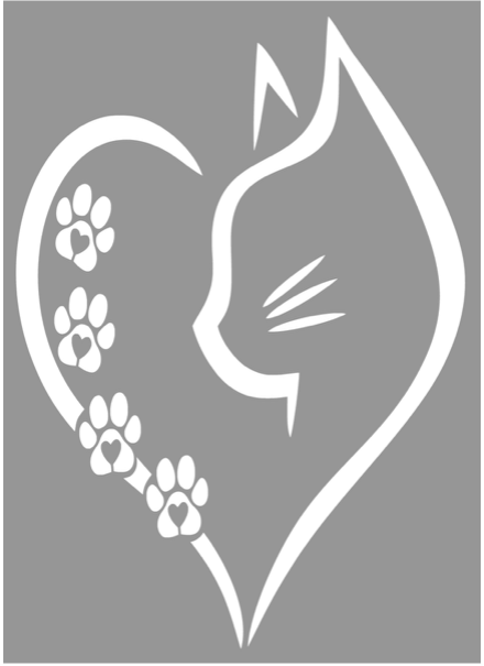 White cat outline with paw prints forming a heart on a gray background