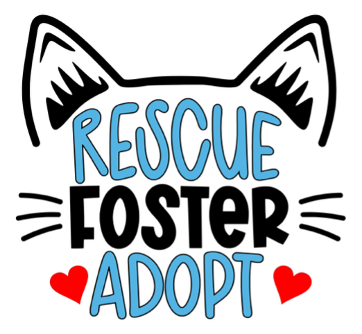 Cat-ear rescue foster adopt logo with blue and black text and red hearts