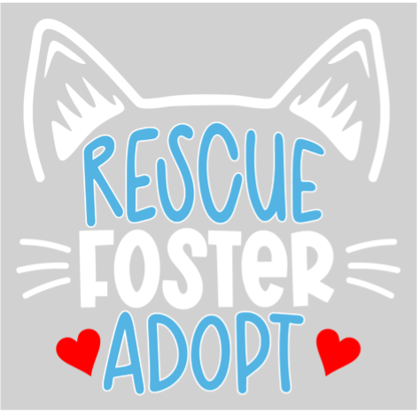 Rescue, Foster, Adopt text with white cat ears and red hearts on gray background