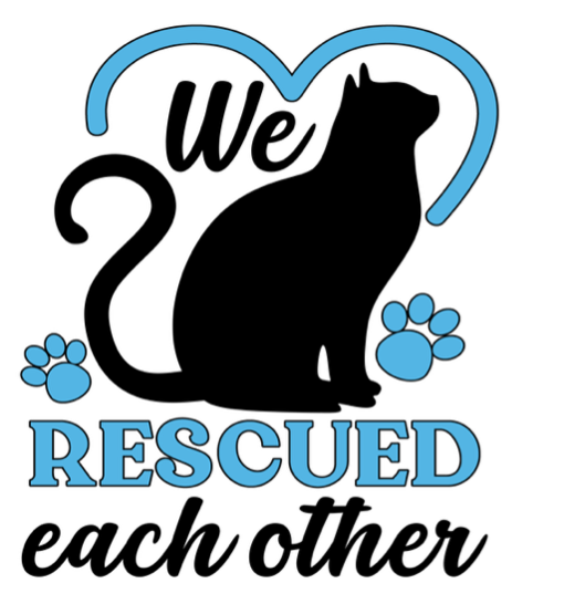 Logo with black cat and blue paw prints reading “We RESCUED each other”