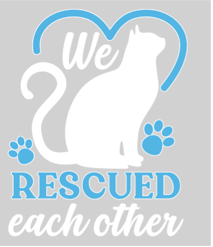 White cat silhouette with blue paw prints and text: “We rescued each other.”