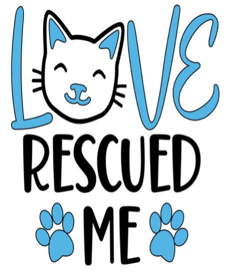 Cat face logo with blue “LOVE” and black “RESCUED ME,” plus blue paw prints