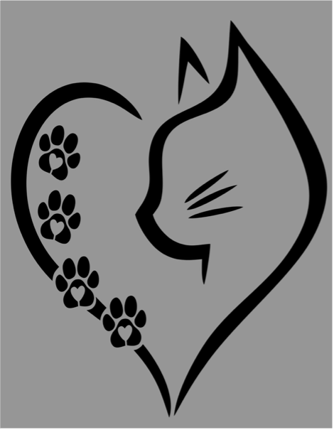 Black cat outline with paw prints forming a heart on a gray background