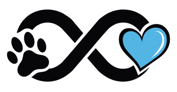 Black infinity symbol with a paw print on the left and a blue heart on the right