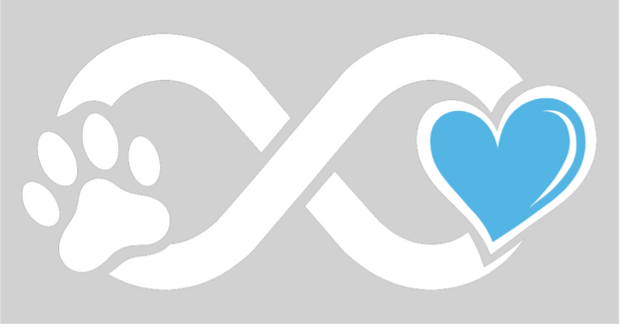 White infinity symbol with a paw print on the left and a blue heart on the right on a gray background