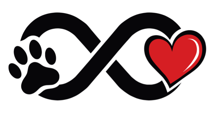 Black infinity symbol linking a black paw print and a red heart on white background