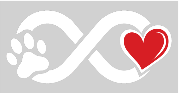 White infinity symbol with a paw print on the left and a red heart on the right on a gray background