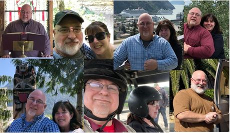 Collage of a bald man with glasses in various outdoor settings, often with a woman. Uh, that is Debbie and I; silly AI