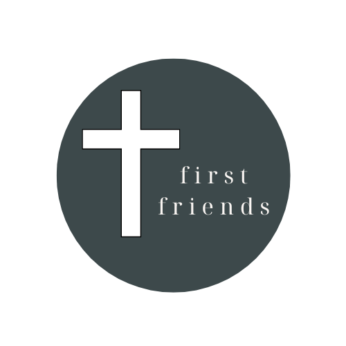 Dark gray circle logo with white cross and the words “first friends” in lowercase.