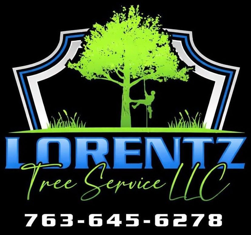 Loretz Tree Service LLC logo with green tree, blue text, and phone number 763-645-6278