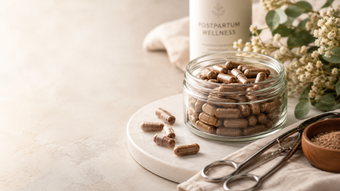 Glass jar of cookies on a beige table with silver tongs and flowers nearby