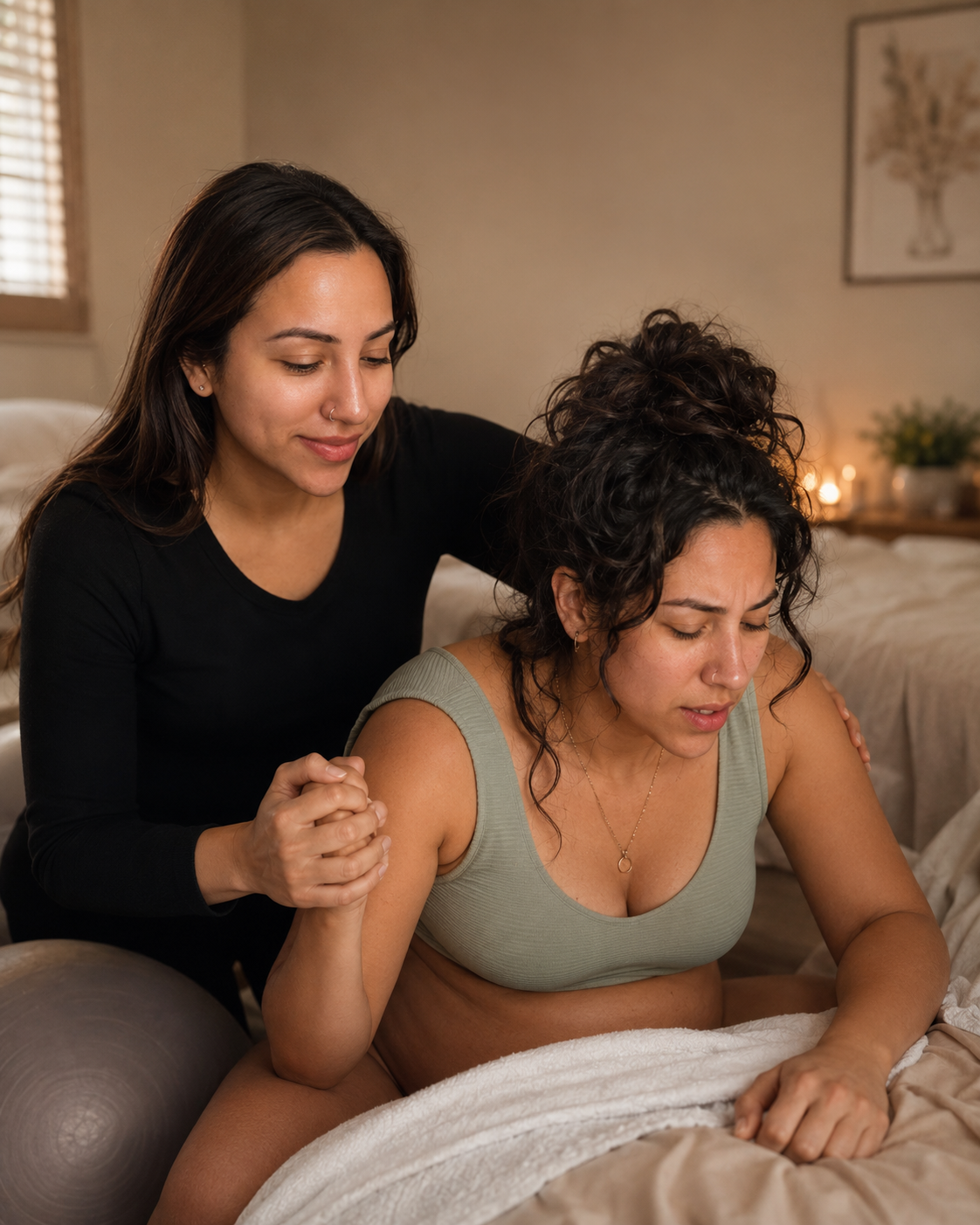 Two women in a spa room, one giving the other a shoulder massage