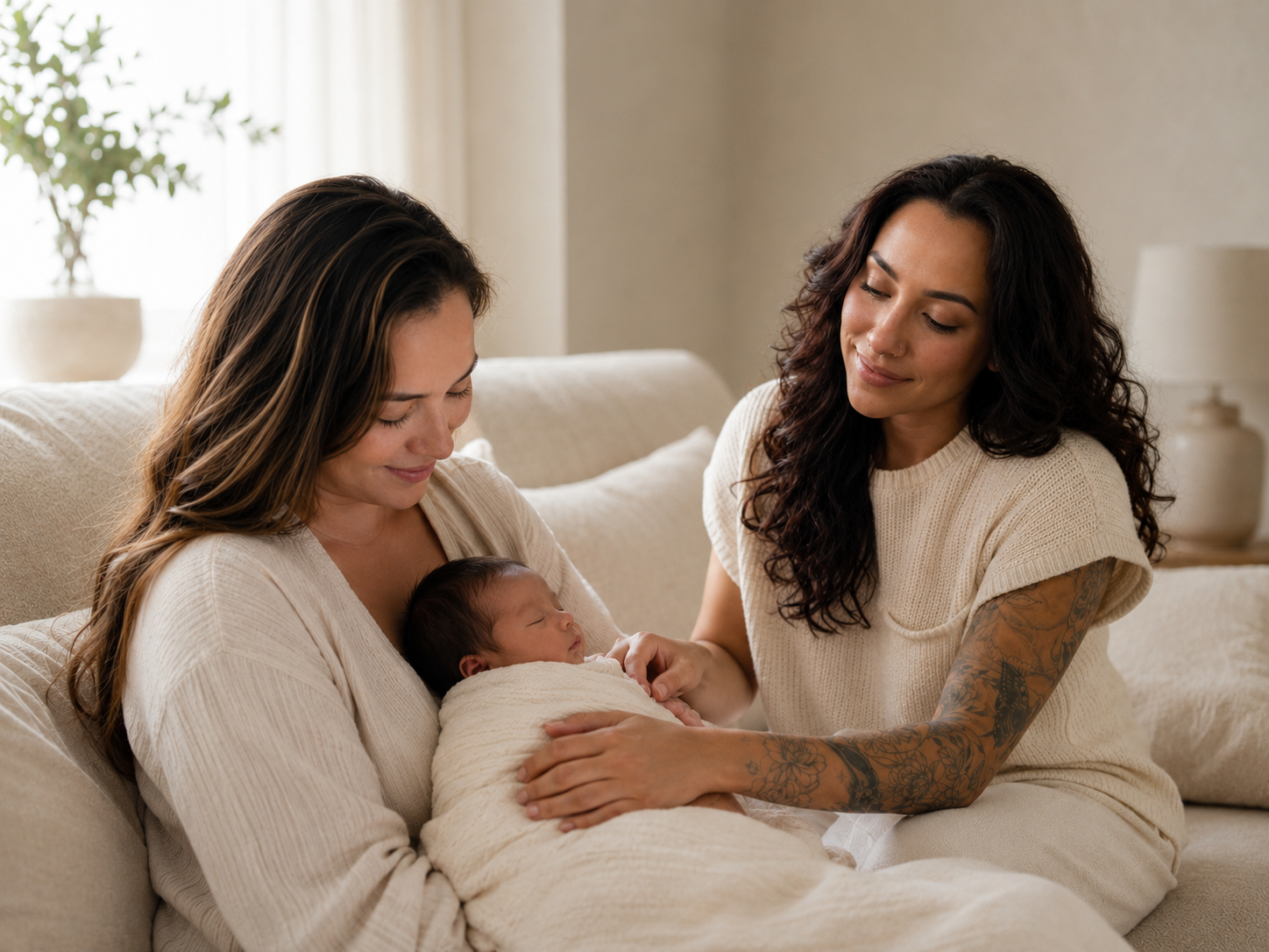 Two adults sitting on a sofa, gently holding a sleeping baby in a cozy, light-filled living room.