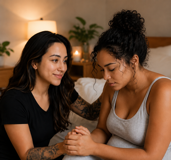 Two women sitting on a bed, holding hands and sharing a comforting moment in a cozy bedroom