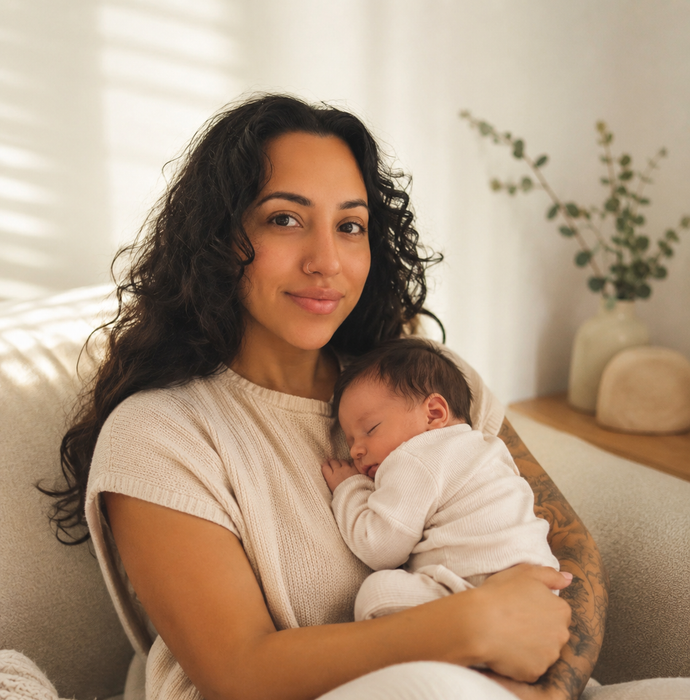 A woman holding a sleeping baby in a softly lit room with a beige chair and potted plant.