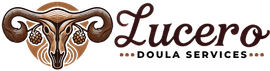 Lucero Doula Services logo with brown butterfly and stylized text on a white background