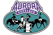 Logo for Aurora Horsemen featuring three riders on horses, one circling a barrel, on a teal oval background.