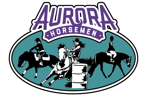 Logo for Aurora Horsemen featuring three riders on horses, one circling a barrel, on a teal oval background.