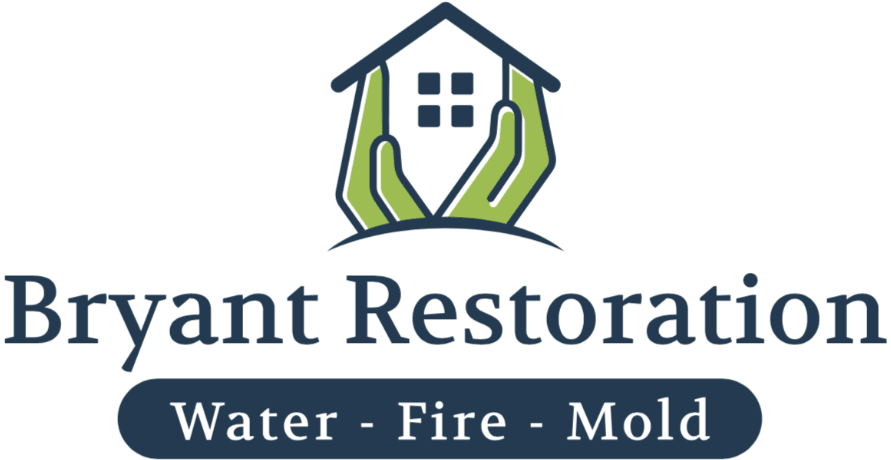 Bryant Restoration logo with house and hands icon, labeled Water, Fire, Mold