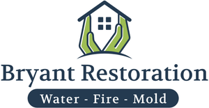 Bryant Restoration logo with house and hands icon, labeled Water, Fire, Mold