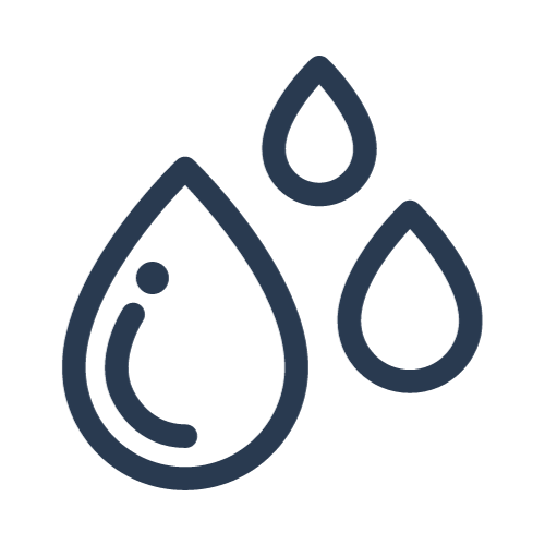Three navy-blue water droplets, one large droplet with a smiling face outline.