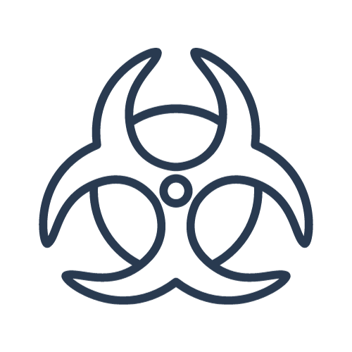 Dark navy biohazard symbol on a white background