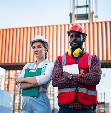 Woman and man at a shipping port, standing with arms crossed, wearing hard hats and safety vests.