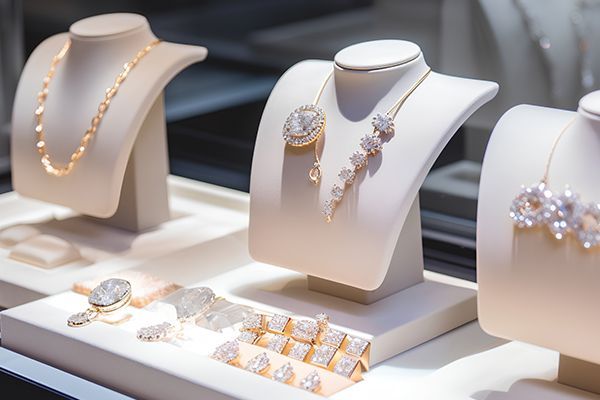 Jewelry display with gold and pearl necklaces, earrings, and rings on white stands