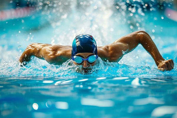 Swimmer in blue cap and goggles doing butterfly stroke in pool. Water splashes around.