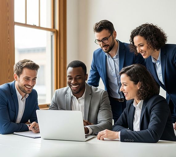 Five coworkers gathered around a laptop, smiling in a bright office meeting