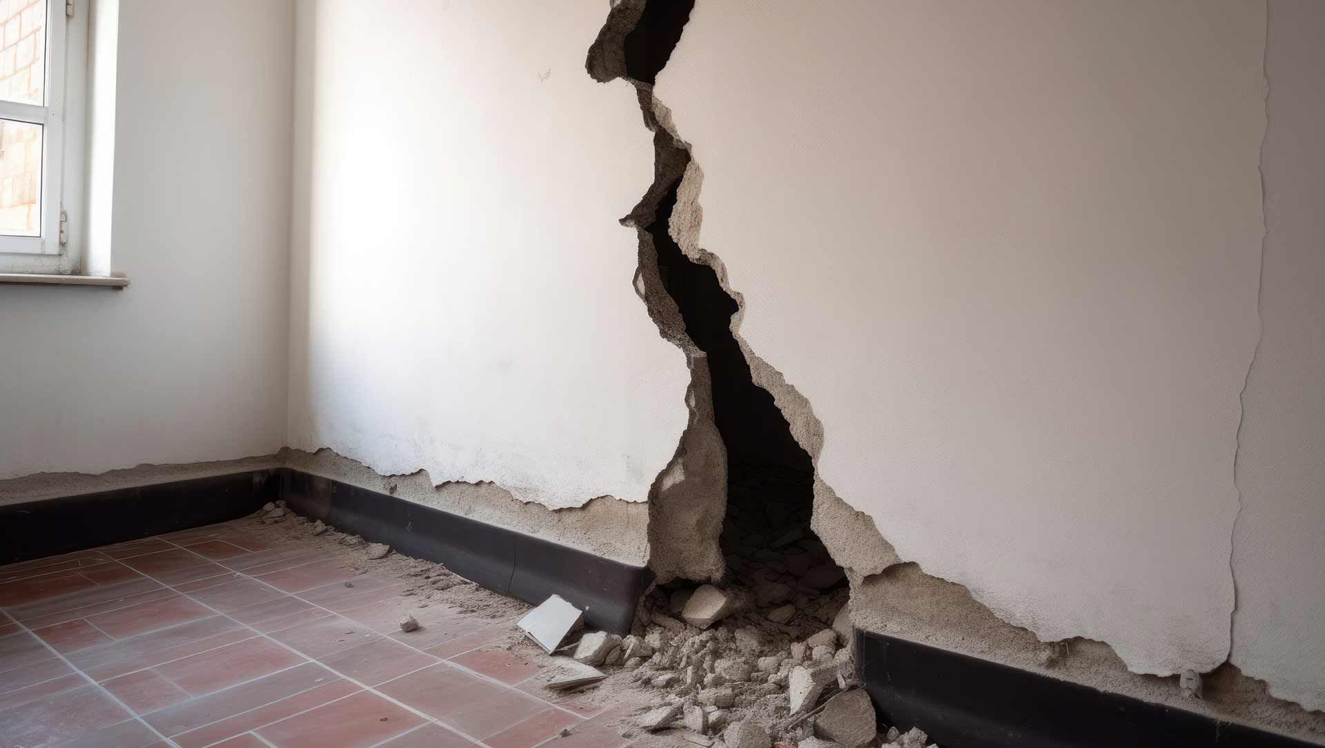 Interior wall with a large vertical crack and crumbled plaster exposing damage near the floor.