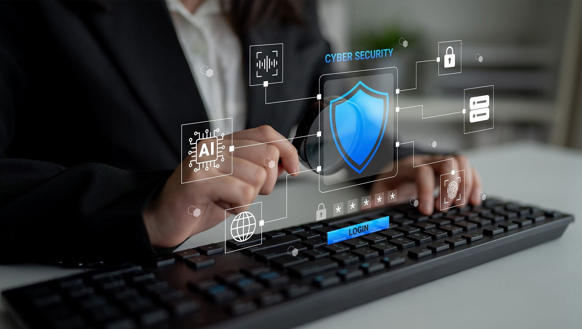 Hands typing on a keyboard with a glowing blue cybersecurity shield interface overlay.