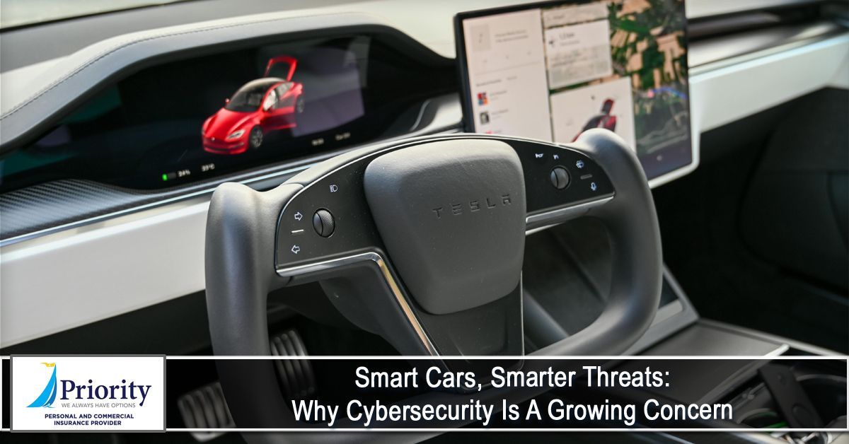Interior shot of a Tesla car with a yoke steering wheel and large infotainment screen, highlighting cybersecurity concerns.