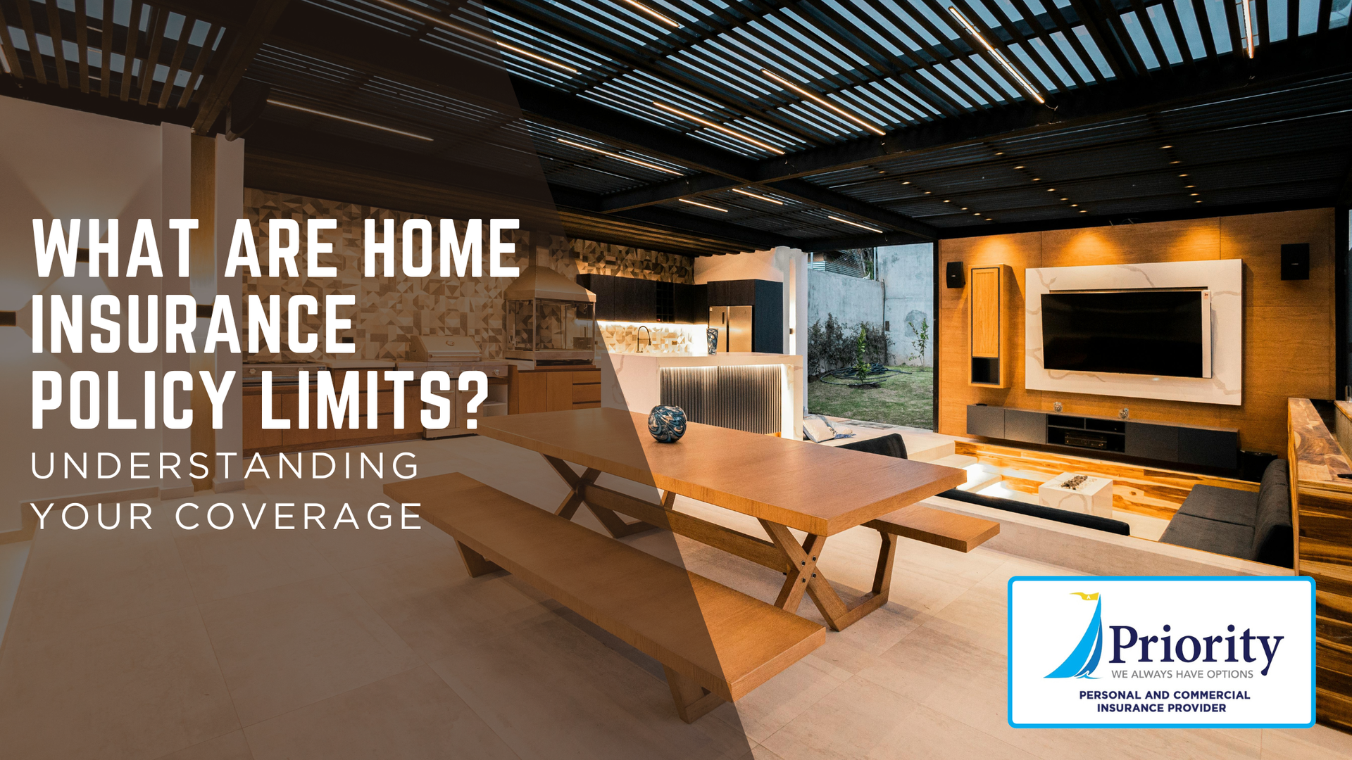 Modern living room with text: “What are home insurance policy limits? Understanding your coverage.”