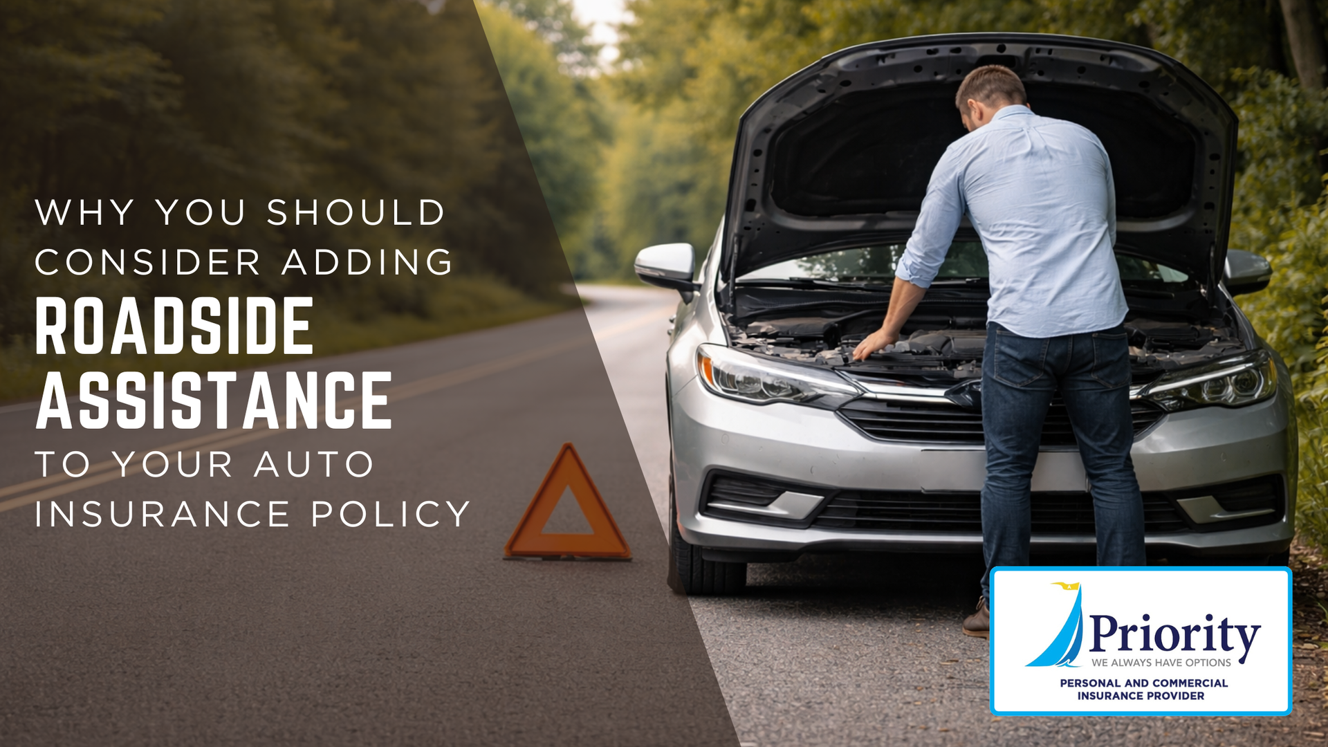 Roadside assistance ad with man inspecting a broken-down silver car on a roadside