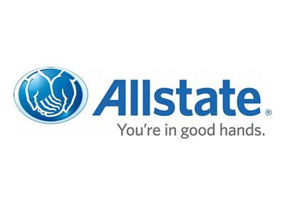 Allstate logo: Blue oval with hands, blue text 