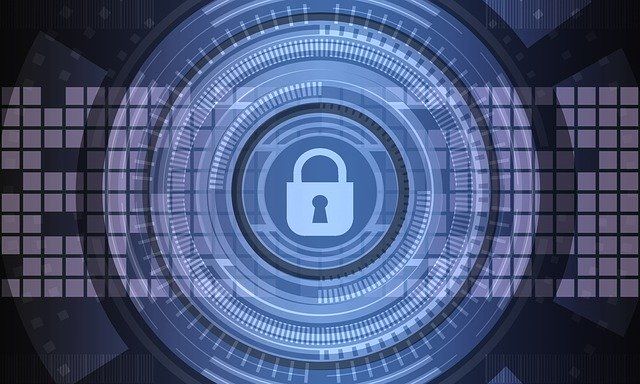 Blue digital security graphic with a padlock icon at the center.