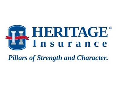 Logo for Heritage Insurance, featuring two pillars, and the tagline 