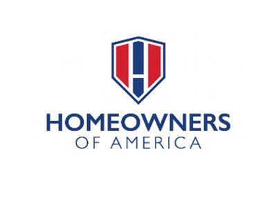Logo of Homeowners of America with a shield icon in blue, red, and white.