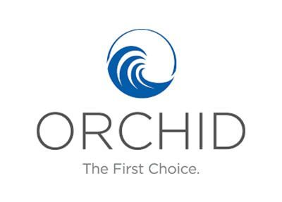 Orchid logo with a blue wave inside a circle over the word 