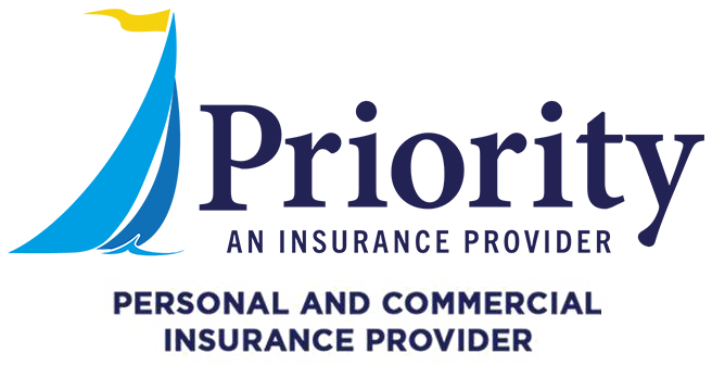 Logo for Priority Insurance: A blue sailboat with a yellow flag, the word 