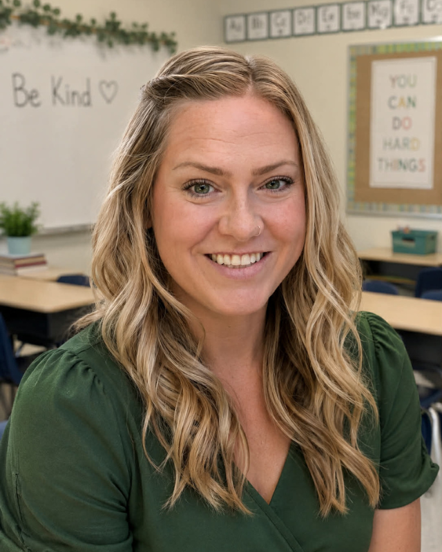 A headshot of a smiling woman with long blonde hair with a classroom in he background, and wearing a dark green blouse