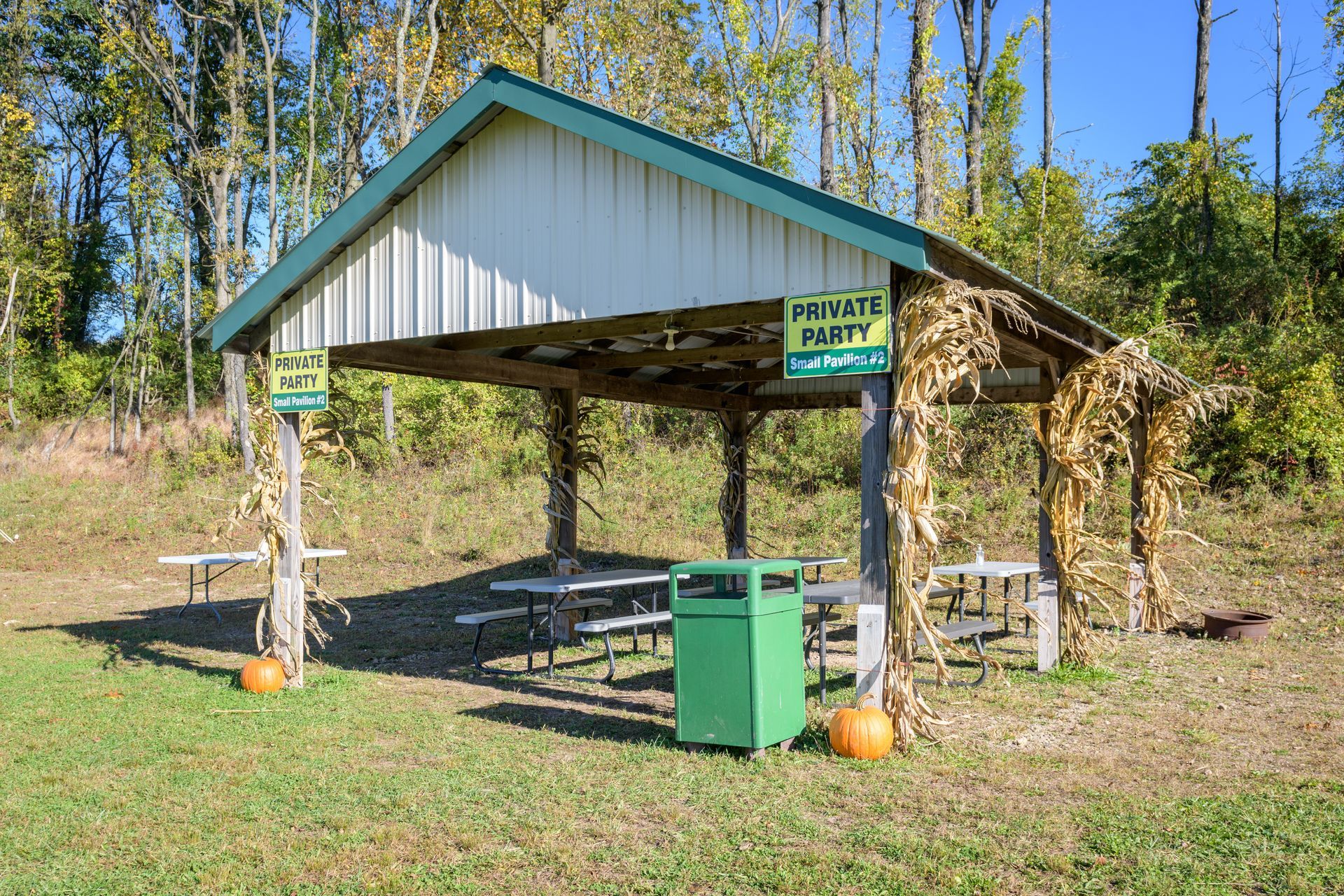 A picnic shelter with tables and pumpkins in a field.