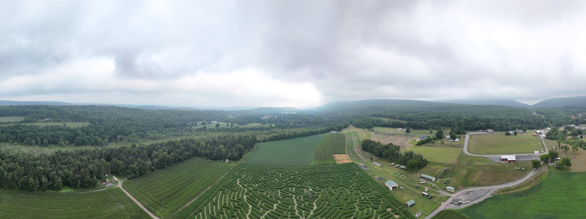 An aerial view of a lush green field with a cloudy sky in the background.